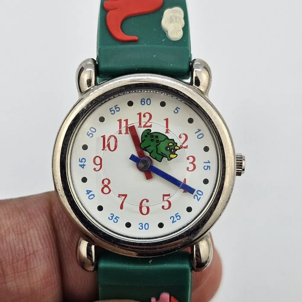 Kids Watch‎ 27MM White Dial Animal Characters Green Plastic Bands New Battery